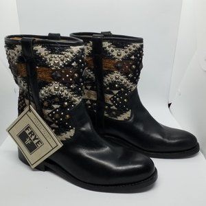 Frye Boots Black Leather and Studded Tapestry Size 7